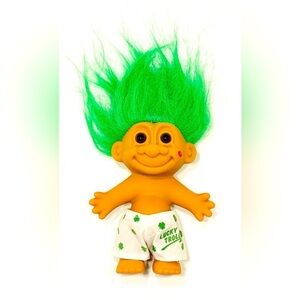 Vintage Lucky O’ Troll Doll 4.5” Shamrock Boxer Shorts Green Hair Kissy Lips
